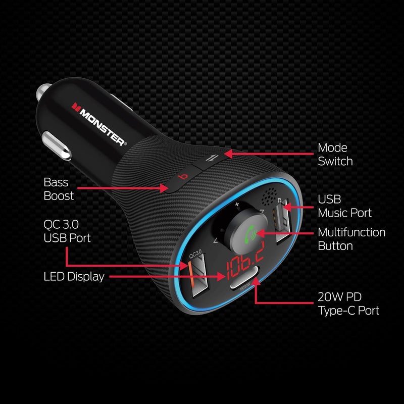 XTREME Monster Bluetooth FM Transmitter for Car Cigarette Lighter with 20W QC3.0 USB A & USB C PD Charger, Bass Boost Button, Flash Drive Port, Google Voice & Siri Compatible, Hands-Free Calls, Microphone - Image 2